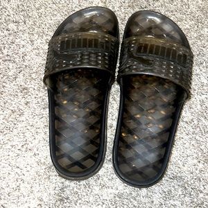 Clear and grey colored slide sandals. FENTY by Rihanna sized 8